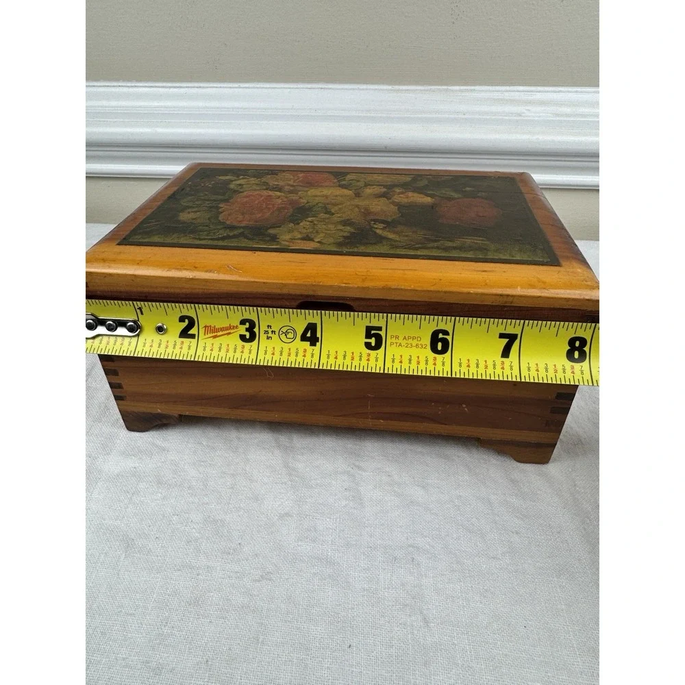 Vintage Cedar Wood Jewelry Box Floral Bird Lithograph Finger Jointed Chest